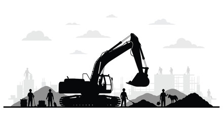 A black silhouette of an excavator working on a construction site with workers clouds and buildings on transparent background high quality © mrvect02