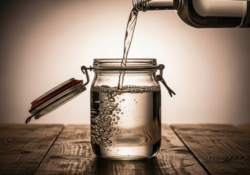 Strong, clear alcohol poured into a classic glass preserving jar, sitting on rustic wooden surface. Traditional homemade distilled spirit, container, brewing, underground