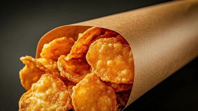 Crispy golden cornflakes in brown paper cone on dark surface