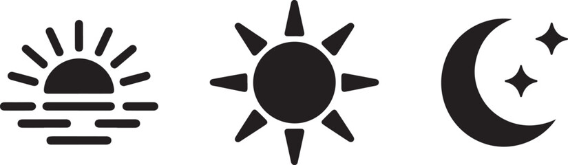 Bundle of black silhouettes of rising or setting sun, crescent moon and stars. Collection of day and night time pictograms. Set of design elements isolated on white background. Vector illustration © Masud