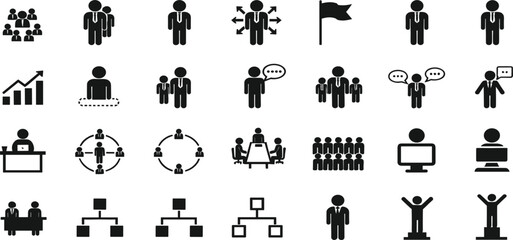 Business Teamwork and Leadership Icon Set with People Management, Communication, Hierarchy, Strategy, and Corporate Organization Symbols for Professional Design