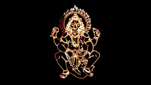 Lord Narasimha symbol with fire energy sparks path effect on plain black background