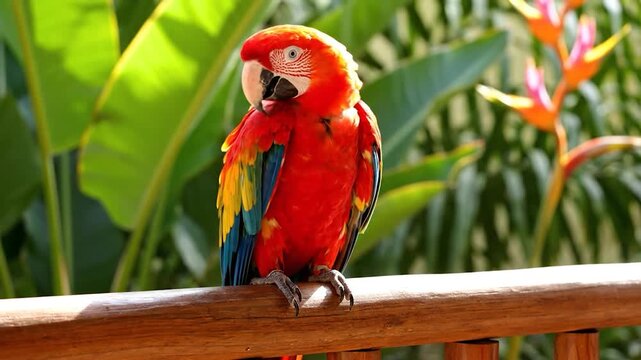 Vibrant Scarlet Macaw Parrot Perched on Wooden Railing Amidst Lush Tropical Foliage.