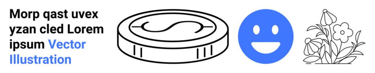 Fototapeta premium Economy, emotions, nature, finance, positivity botanical art. Includes a coin symbol a happy face and flowers. Economy and emotions concepts. Line metaphor. Simple line icons