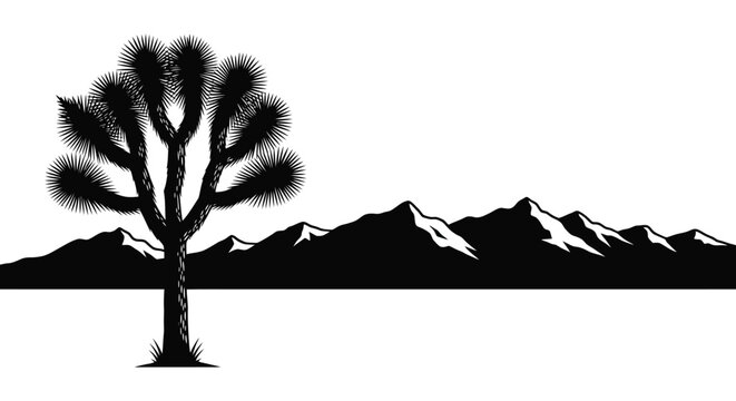 A striking black silhouette of a joshua tree and mountains against a clear horizon on transparent background silhouette high quality professional