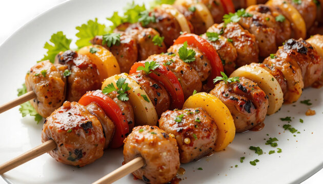 Perfectly grilled savory seasoned meatball skewers interspersed with colorful bell peppers and onions served on a white plate on transparent background. on transparent background