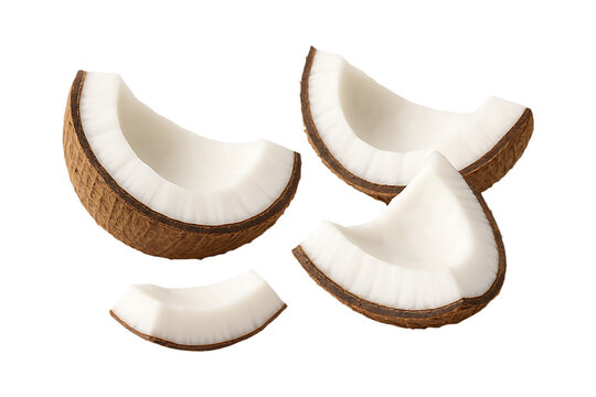 Sliced coconut pieces floating on transparent background