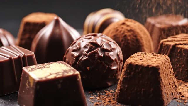 Assorted chocolate truffles and pralines with cocoa powder falling on dark surface from close-up viewpoint