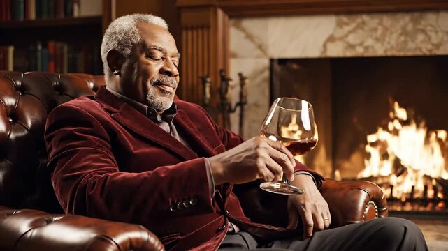 Senior African American man enjoys a drink by a cozy fireplace. He wears a stylish velvet jacket while relaxing in a luxurious leather armchair.