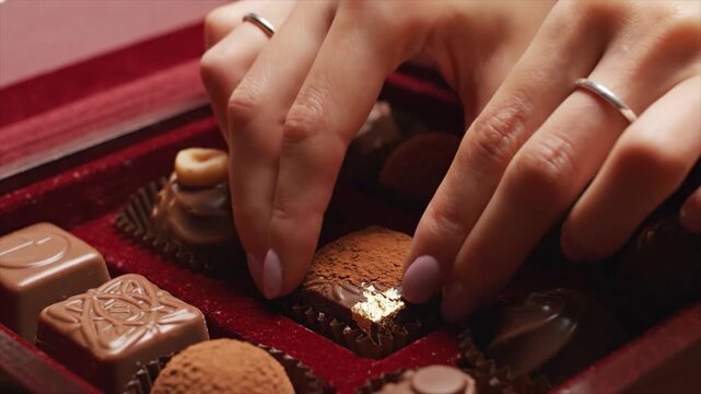 A close-up view of a person's hands selecting chocolates from a red gift box filled with assorted treats