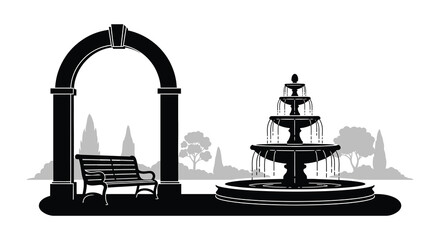 A striking black silhouette of a fountain with an archway and park bench on transparent background high quality professional detailed modern © mrvect02