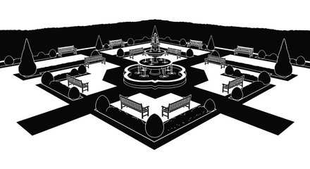 A black and white illustration depicts a formal garden with a central fountain and benches on transparent background silhouette high quality