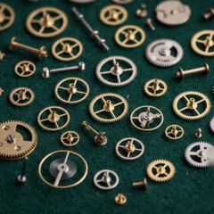 Fototapeta premium Macro Flat Lay of Precision Watch Gears and Mechanical Parts