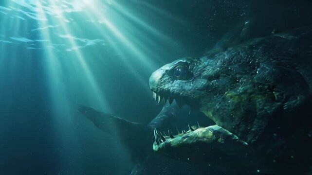 4K underwater POV cinematic video, giant deep-sea predator eyes view, weaving glowing bioluminescent creatures abyssal ocean darkness, fangtooth fish hunting extreme close-ups, dramatic lighting beams