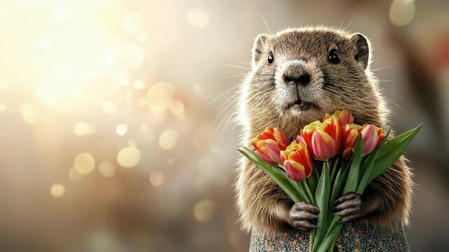 Cute groundhog holding vibrant tulips with bokeh background. March 8, International Women's Day. Mother's Day. Spring