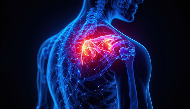 Illuminated depiction highlights acute pain focus within the human upper back and shoulder skeletal structure