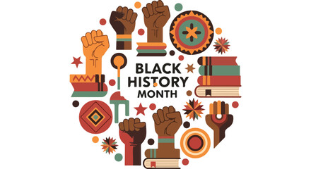 Black History Month circular design with raised fists, books, and African patterns