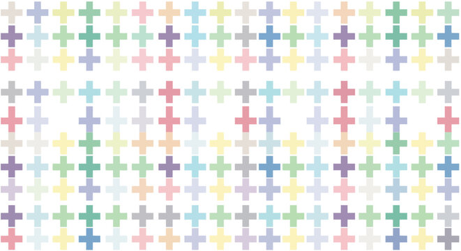 Colorful plus sign pattern featuring pastel tones scattered creating a subtle and joyful repeating geometric texture for design use