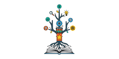 Tree of knowledge and innovation with icons representing ideas, data, and learning