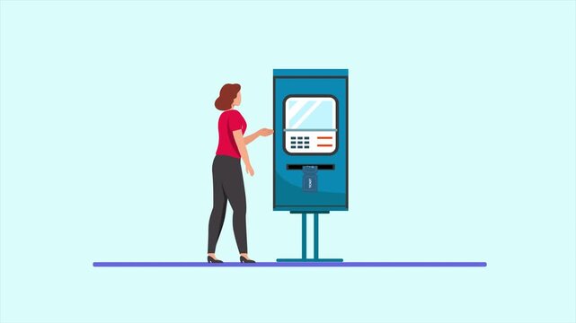 Animated video of goal a person standing in front of a ticket machine. Machine&nbsp;Ticket concept. Full length animation illustration. High quality&nbsp;4k&nbsp;footage