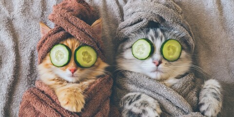Cats enjoying relaxing spa day with cucumber eye treatment