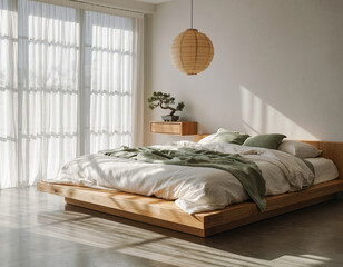Minimalist Japandi Bedroom Interior with Natural Wood and Sunlight