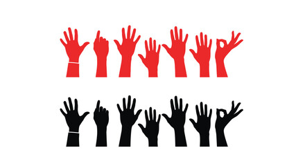 Obraz premium Red and black hands raised in various gestures a striking silhouette