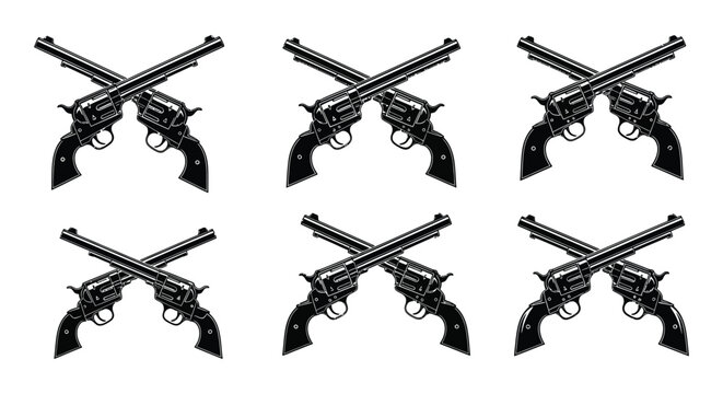 A pattern of six crossed revolvers rendered in black offers versatility for design projects on transparent background silhouette high quality professional