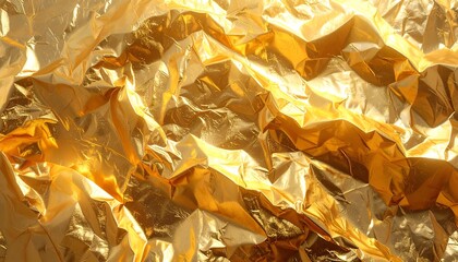 Close-up of crumpled, reflective, golden foil creating a textured surface