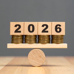 Wooden blocks spelling "2026" on coin stacks balanced on a wooden cylinder