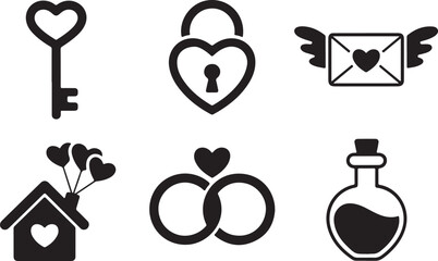 Flat black silhouette vector art of heart key lock flying love letter house with balloons infinity symbol and potion bottle for valentine romance design © Masud
