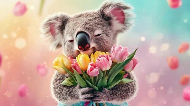 Adorable koala holding colorful tulips among falling petals and pastel background. March 8, International Women's Day. Mother's Day. Spring