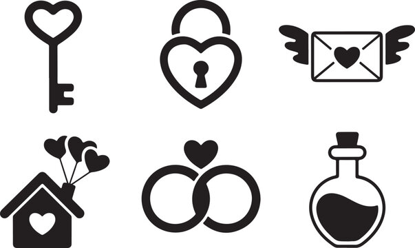 Flat black silhouette vector art of heart key lock flying love letter house with balloons infinity symbol and potion bottle for valentine romance design