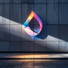 Abstract, vibrant, 3D shape casting shadow on a textured concrete wall