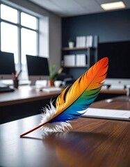 Vivid feathered quill sits atop a wooden desk in a modern office space