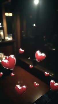 A visually striking display of floating red hearts against a dark background, creating a romantic and whimsical atmosphere.