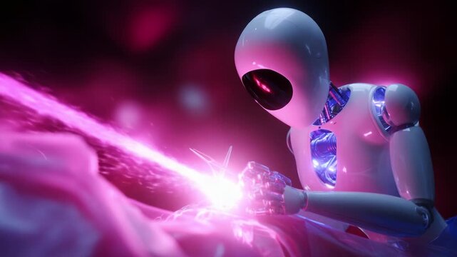 A futuristic humanoid robot engaging in advanced technological tasks, showcasing intricate welding or crafting abilities while illuminated by striking pink lights, highlights the intersection of