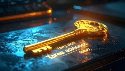 A detailed golden key rests on a dark surface, with glowing light