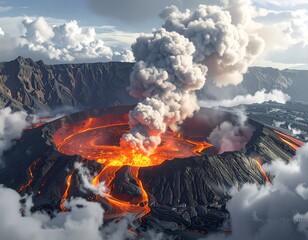 Aerial view of a volcanic eruption, spewing smoke and lava