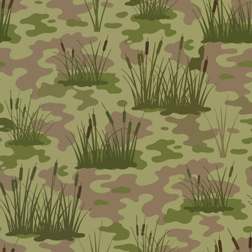 Seamless photorealistic marsh camouflage vector pattern for hunting gear with reeds and cattails, flat colors, 300 dpi