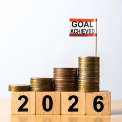 Stacks of coins on blocks showing 2026, flag reads "Goal Achieved.