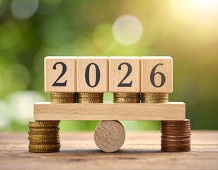 Wooden blocks spelling "2026" atop coins and a wooden structure