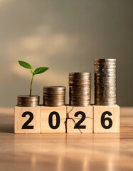 2026 financially themed, coins stacked on blocks, plant growing