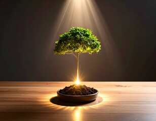 Small tree in a pot, illuminated with light from below and above