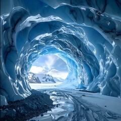 Inside a glacial ice cave, with light illuminating distant landscape