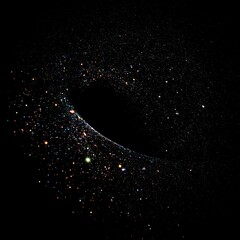 Abstract dark space art, colorful particles swirling around a dark void