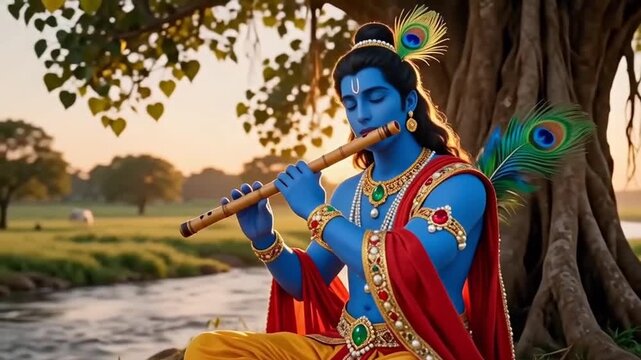 Krishna Playing Flute in a Lush Forest with Deer, Flowers, and Gentle Sunlight