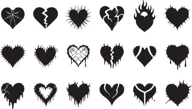 Heart tattoo gothic set, graffiti rock flame shape kit, vector u2k abstract love logo concept. Valentine punk retro sticker collection, neotribal web goth decoration. Dripping heart tattoo prints