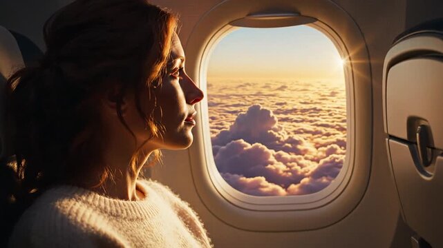 Solitary traveler gazes out an airplane window bathed in warm sunset light illuminating their profile