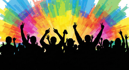 Silhouetted Crowd Celebrating with Raised Hands against Colorful Explosive Background